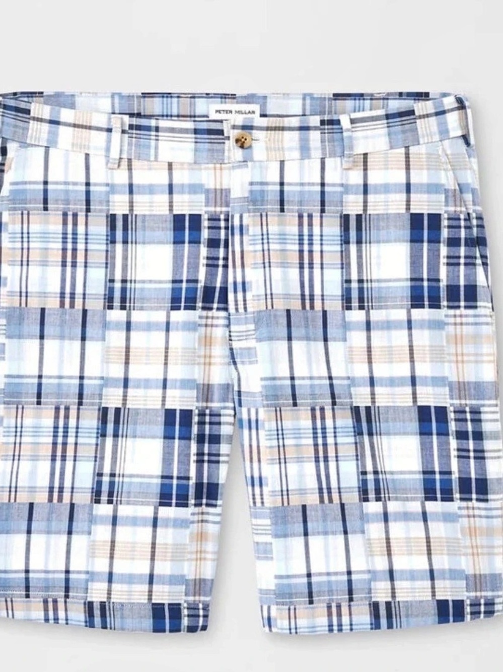 Peter Millar Cabana Madras Cotton Short Plaid Cotton Shorts Blue & White Sz 38